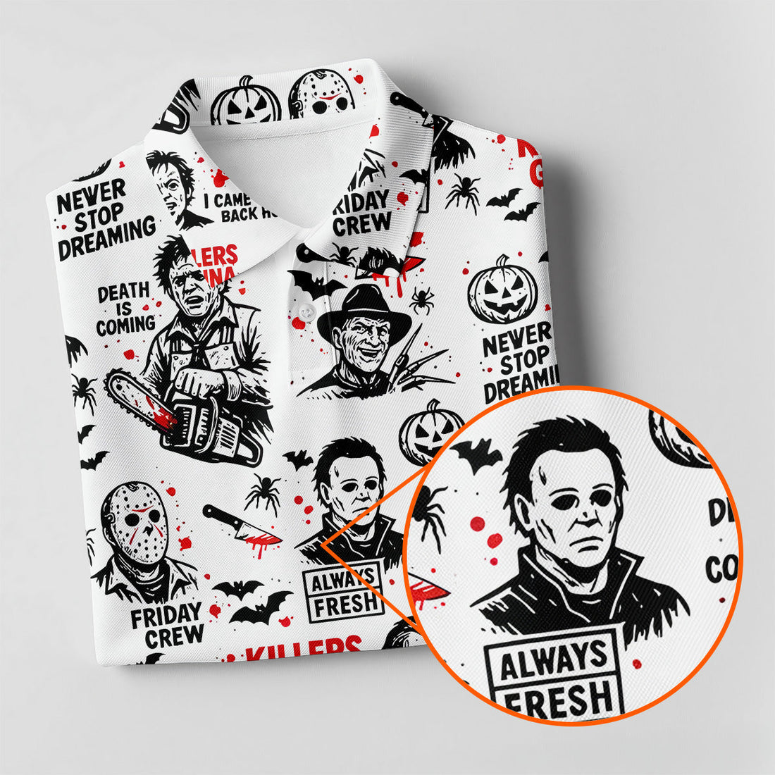 Funny Horror Character Men's Golf Polo Shirt, Horror Movie Shirt, Fun Womens Golf Shirts, Funny Halloween Gift