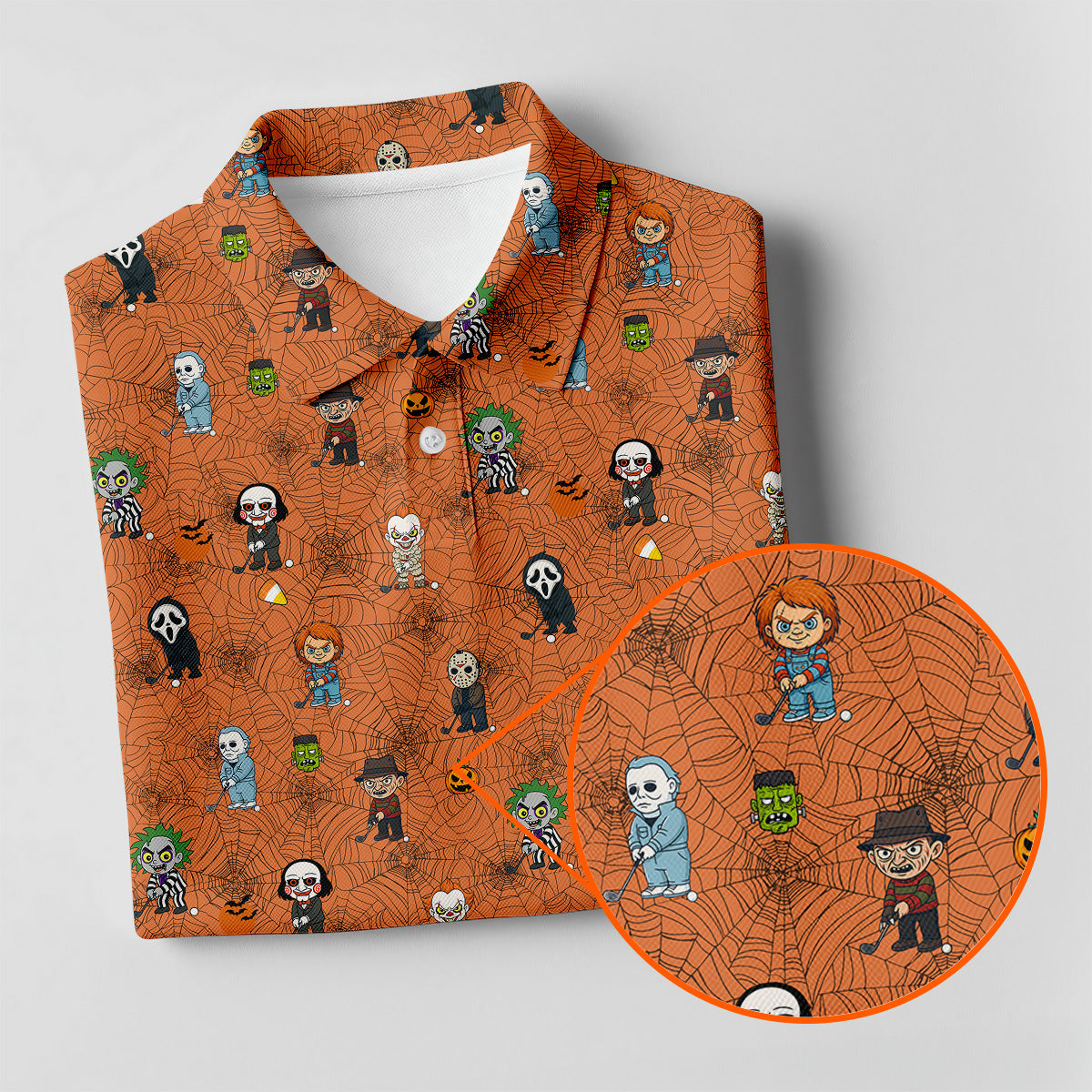 Funny Horror Character Orange Golf Polo Shirt, Horror Movie Shirt, Halloween Golf Shirt, Fun Golf Polos For Men