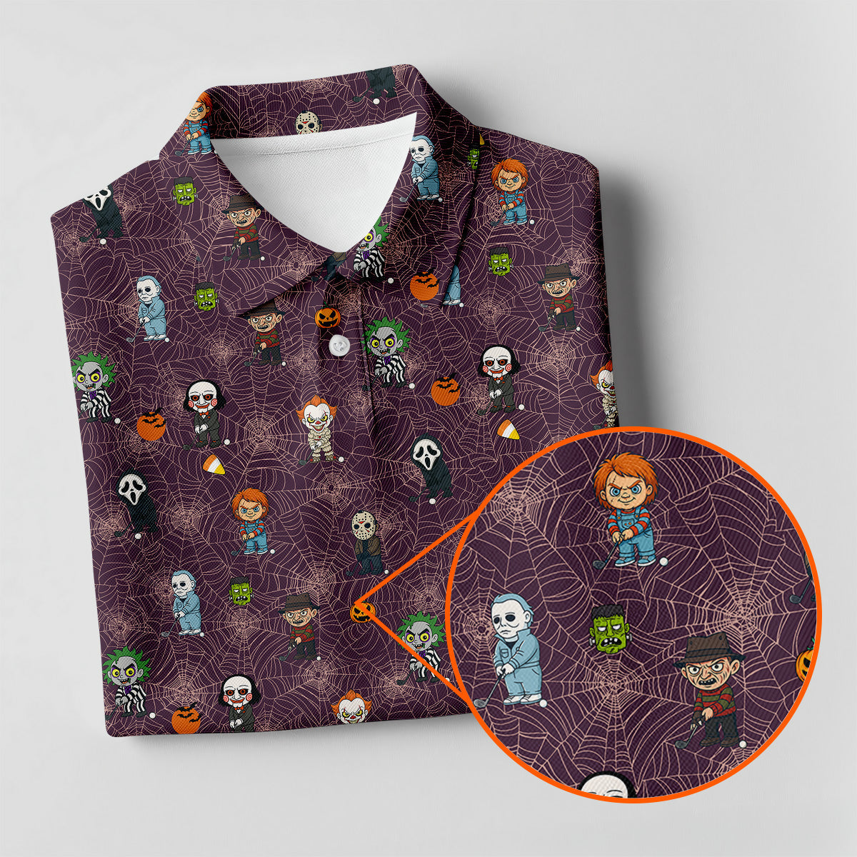 Funny Horror Character Purple Golf Polo Shirt, Horror Movie Shirt, Halloween Golf Shirt, Fun Golf Polos For Men