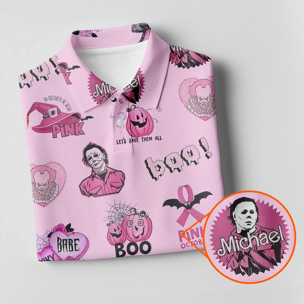 Funny Michael Horror Character Men's Golf Shirt, Pink October Shirt, Halloween Golf Shirt, Men's Golf Shirt