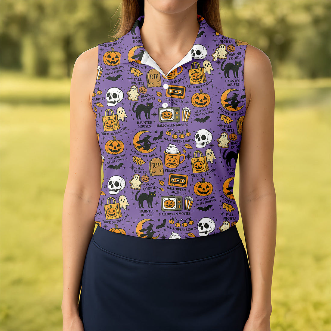 Purple Halloween Skull Golf Shirt, Spooky Cat, Halloween Theme Shirts, Ladies Golf Shirts, Golfing Apparel