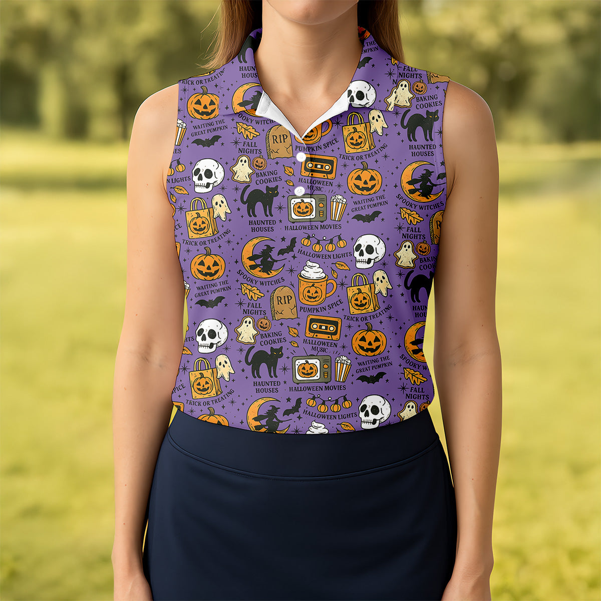 Purple Halloween Skull Golf Shirt, Spooky Cat, Halloween Theme Shirts, Ladies Golf Shirts, Golfing Apparel