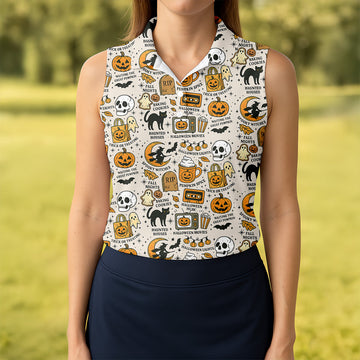 Spooky Witches, Spooky Cat, Cute Halloween T-Shirts, Womens Sleeveless Polo, Ladies Golf Shirts