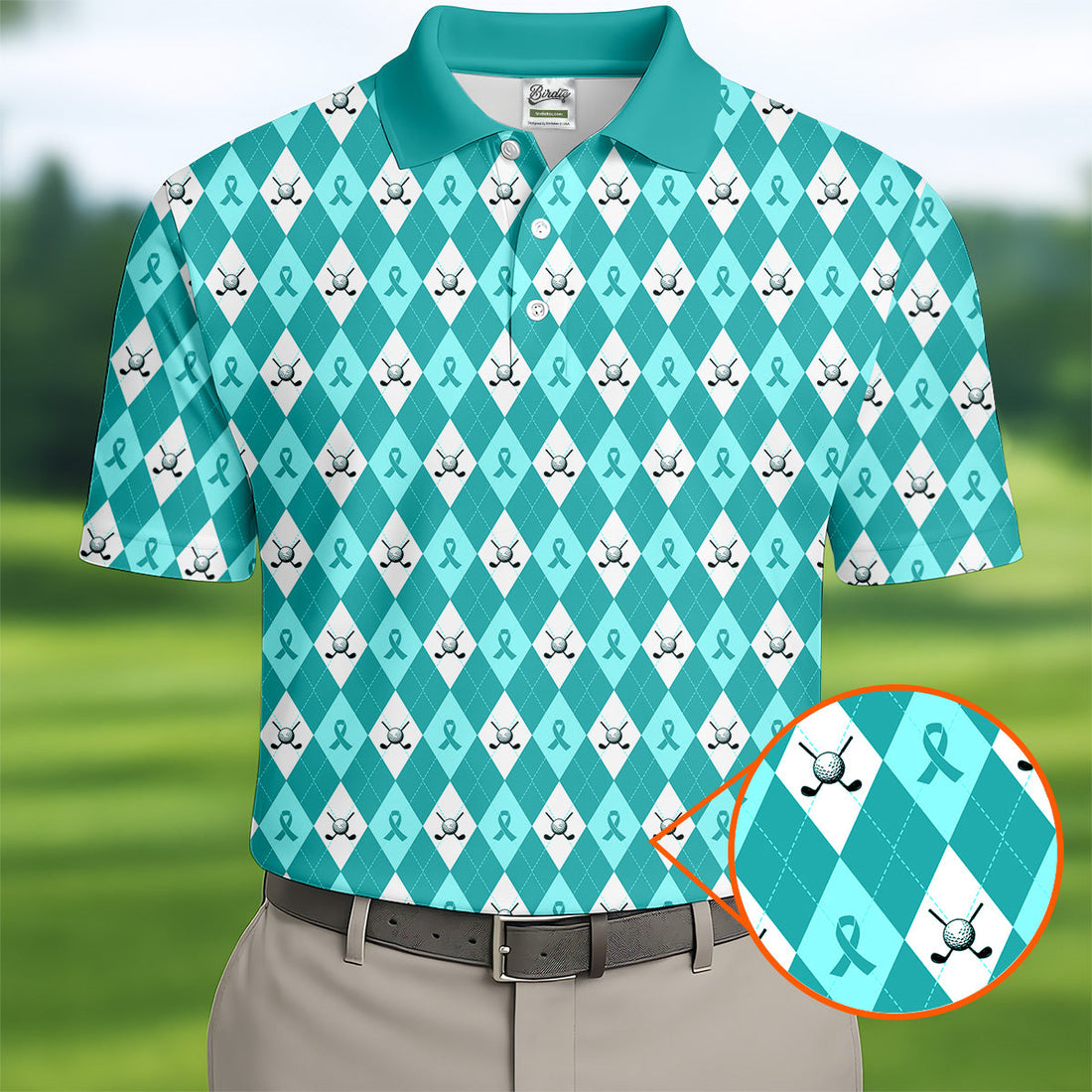 Ovarian Cancer Teal Argyle Men's Golf Polo Shirt, Ovarian Cancer Awareness Shirt, Golf Gift For Men