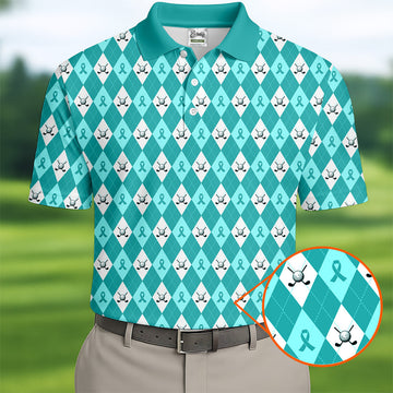 Ovarian Cancer Teal Argyle Men's Golf Polo Shirt, Ovarian Cancer Awareness Shirt, Golf Gift For Men