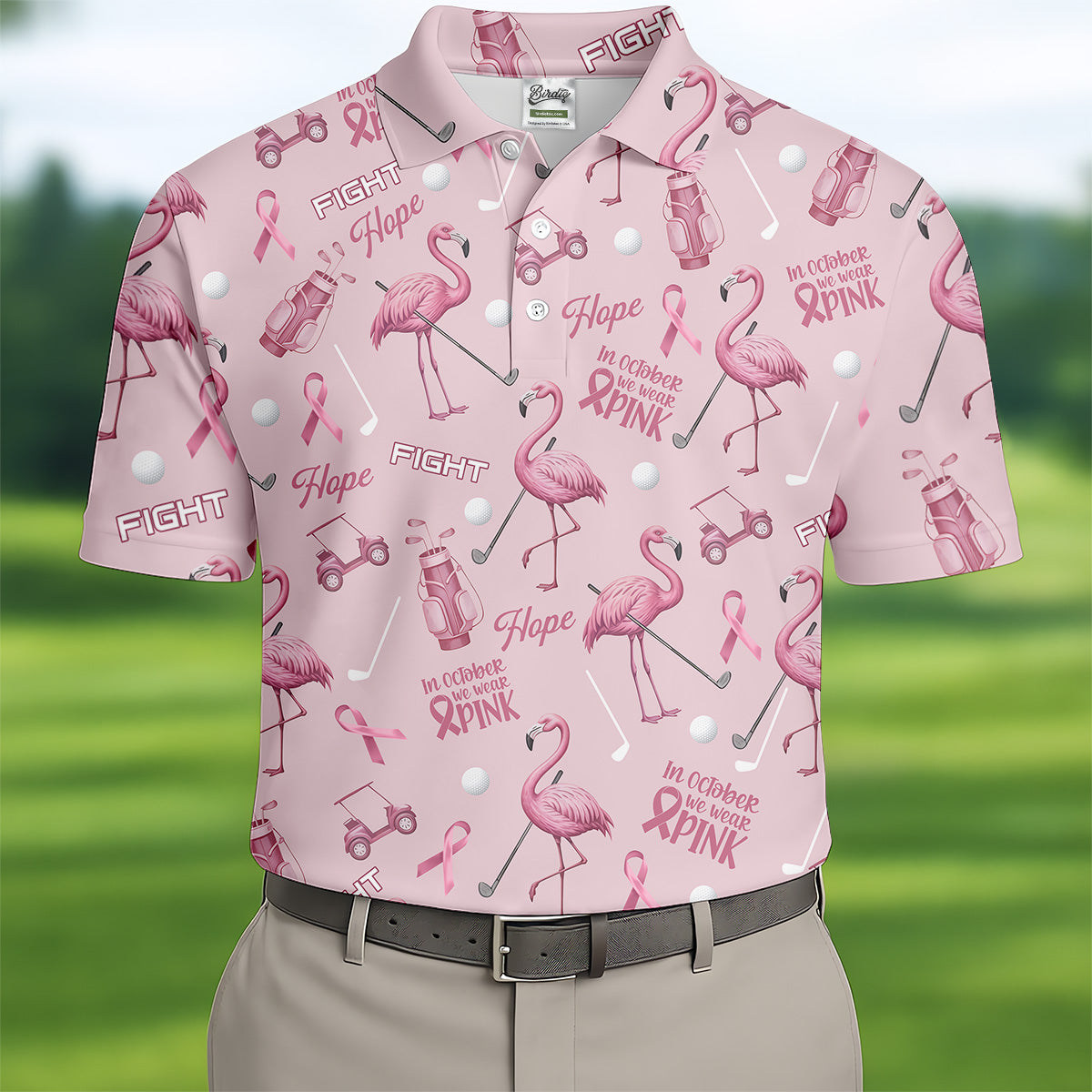 Funny Flamingo Pink Ribbon Men's Polo Shirt, Breast Cancer Awareness Shirt, Golf Shirts For Men