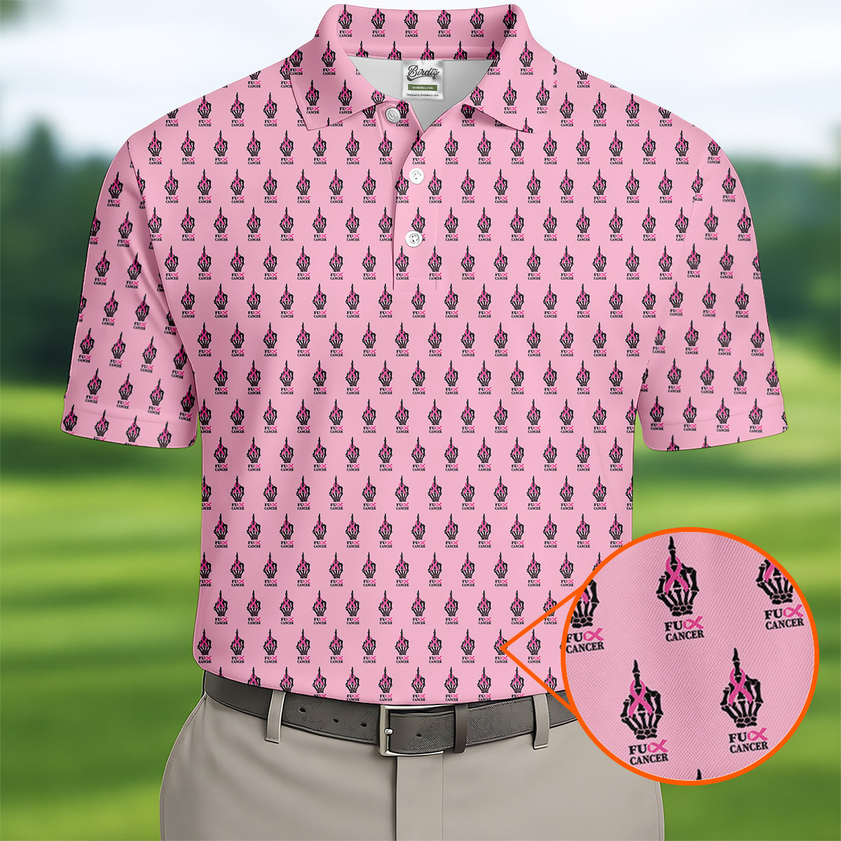 Funny Middle Finger Pink Men's Golf Shirt, Breast Cancer Golf Shirt, Fun Golf Shirts For Men