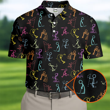 Funny Stickman Golfer Pose Black Golf Shirt, Unique Gift For Golfer, Men's Golf Polo, Golfing Apparel