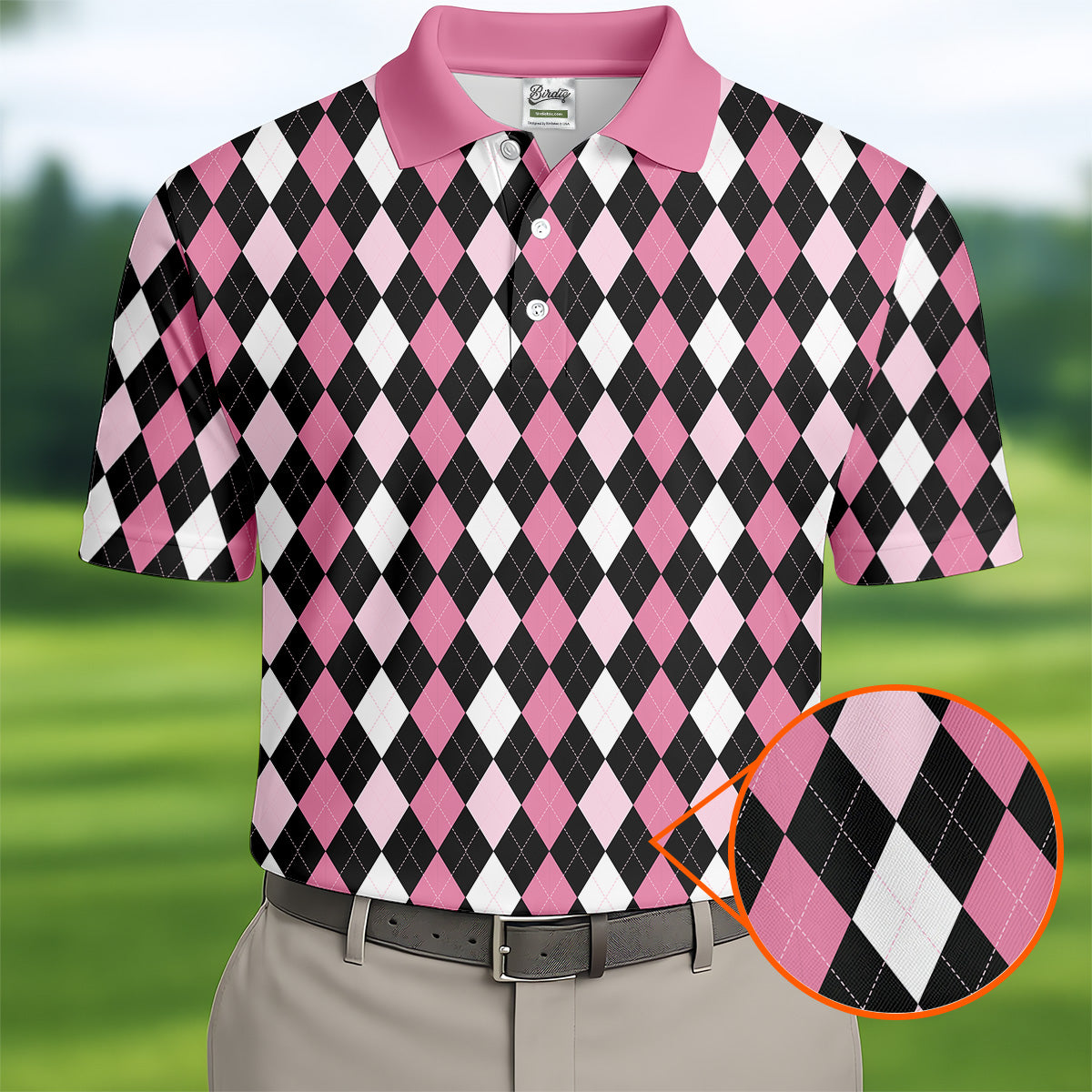 Black Pink Argyle Men's Golf Polo Shirt, Golf Gift For Men, Golfing Apparel, Matching Golf Shirt
