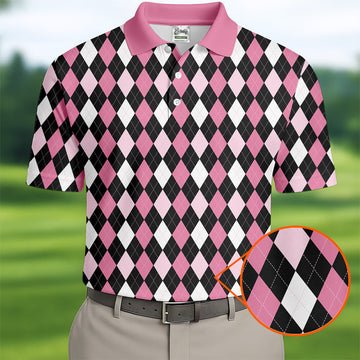 Black Pink Argyle Men's Golf Polo Shirt, Golf Gift For Men, Golfing Apparel, Matching Golf Shirt