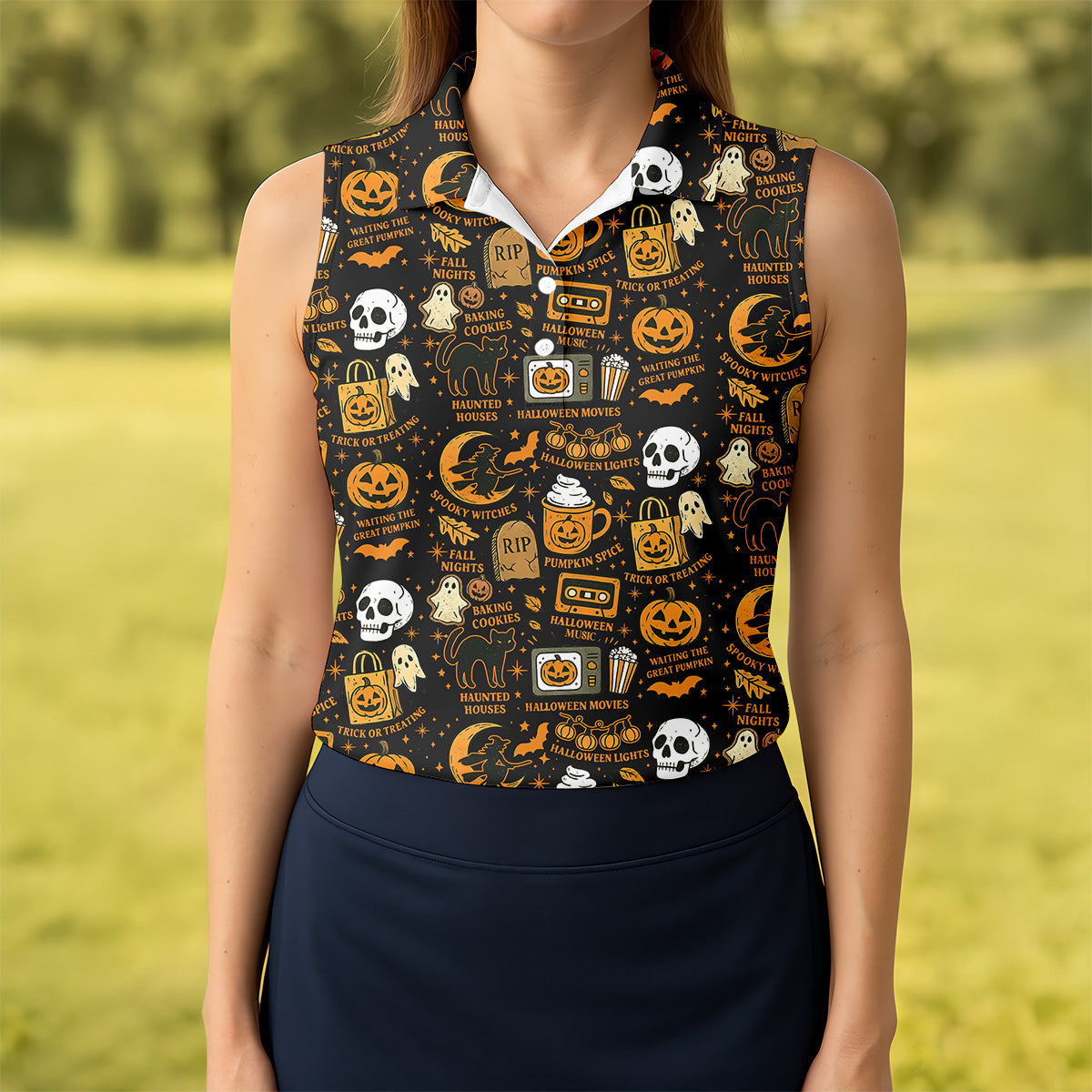 Vintage Halloween Cat Golf Polo Shirts, Halloween Theme Shirts, Ghost Pumpkin Ladies Golf Shirts, Golfing Apparel