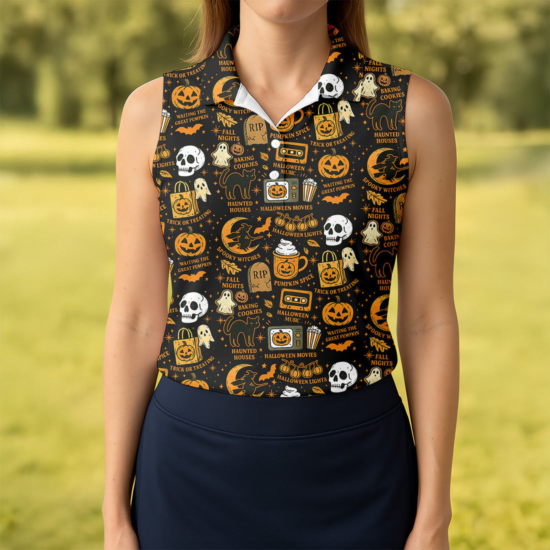 Vintage Halloween Cat Golf Polo Shirts, Halloween Theme Shirts, Ghost Pumpkin Ladies Golf Shirts, Golfing Apparel