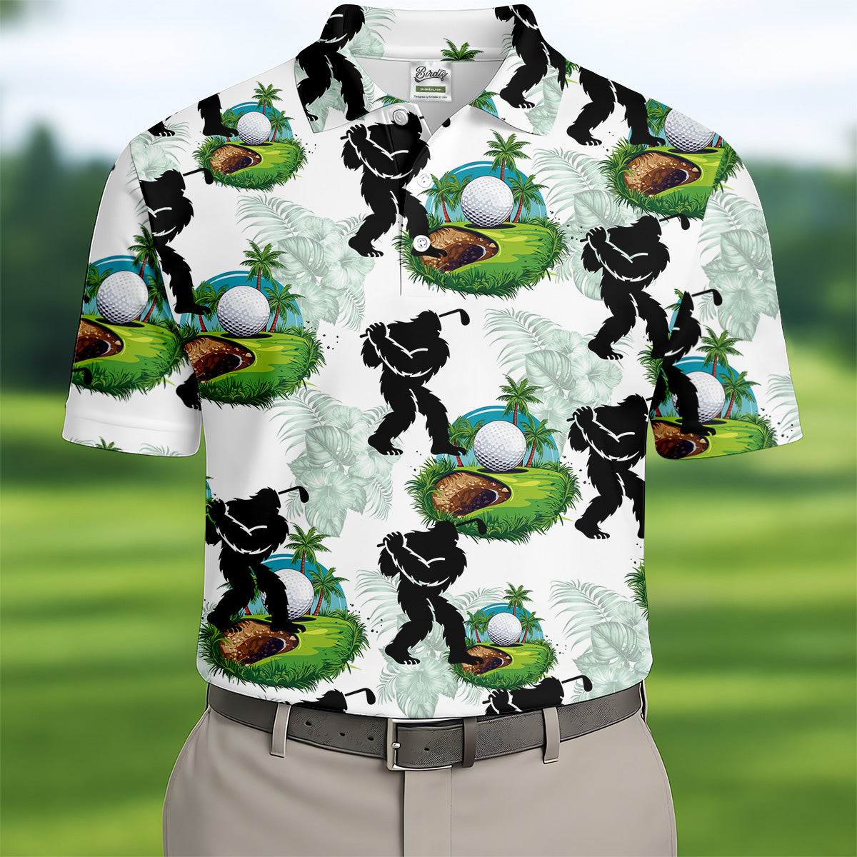 Tropical Golf Cart Bigfoot Golf Shirt, Funny Bigfoot Mens Golf Polo Shirts, Cool Golf Gifts, Golfing Apparel