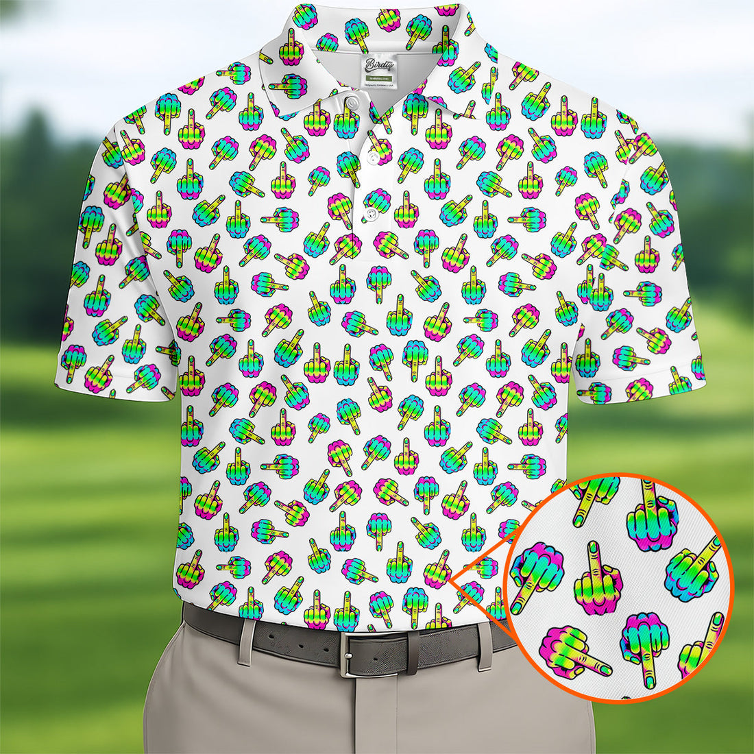 Neon Middle Finger Men Fun Golf Shirts, White Golf Polo, Cool Golf Gifts, Golfing Apparel