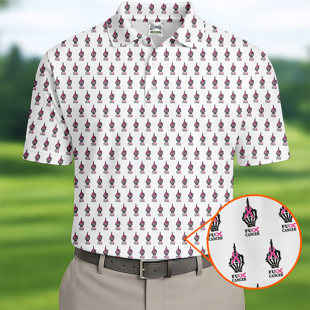 Funny Middle Finger Pink Ribbon Men's Golf Shirt, Breast Cancer Golf Shirt, Fun Golf Shirts For Men