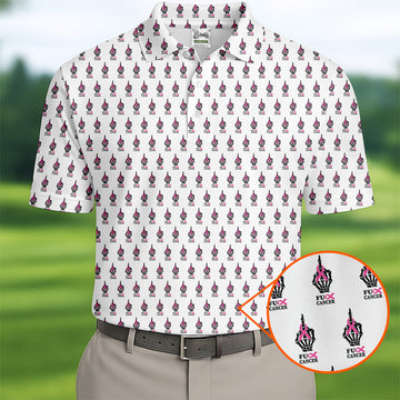 Funny Middle Finger Pink Ribbon Men's Golf Shirt, Breast Cancer Golf Shirt, Fun Golf Shirts For Men