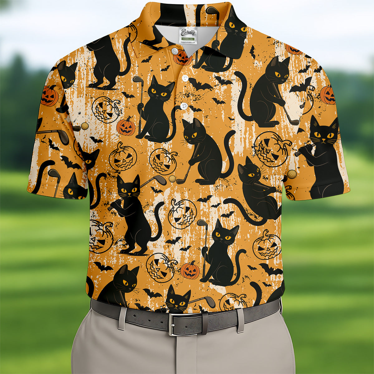 Funny Black Cat Men's Golf Polo Shirt, Halloween Golf Shirt, Halloween Polo Shirt, Golf Gift For Him