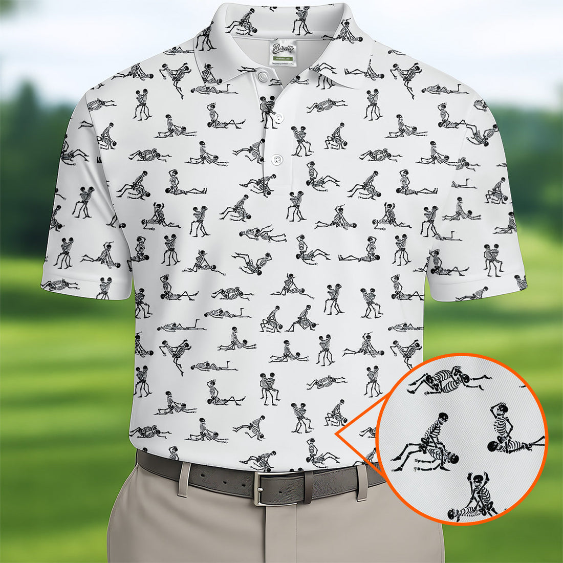 White Funny Skeleton Sex Position Golf Shirt, Halloween Gift Idea, Fun Golf Shirts For Men, Polo For Men