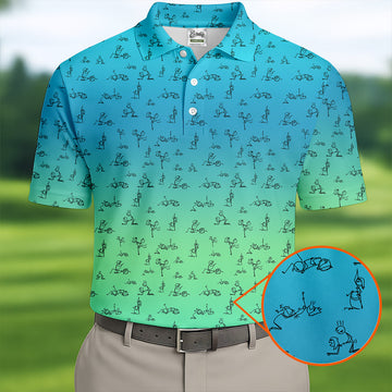 Stick Figure Couple Ombre Fun Men's Golf Polos, Unique Gift For Golfer, Golf Accessories For Men