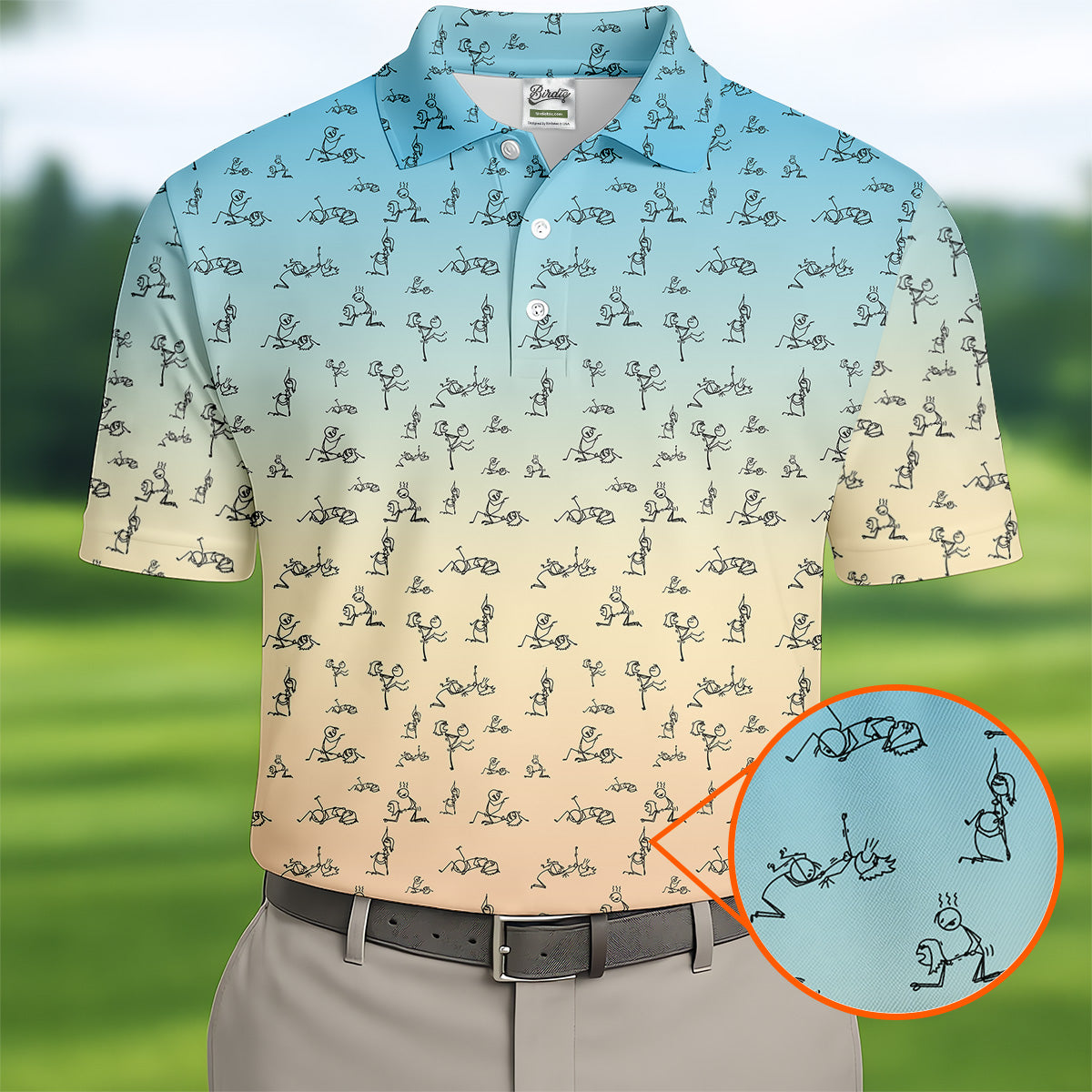 Stickman Couple Blue Orange Fun Men's Golf Polos, Unique Gift For Golfer, Polo For Men