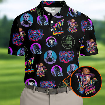 Funny Horror Character Men's Golf Shirt, Horror Character Neon Shirt, Halloween Golf Shirt, Men's Halloween Shirts