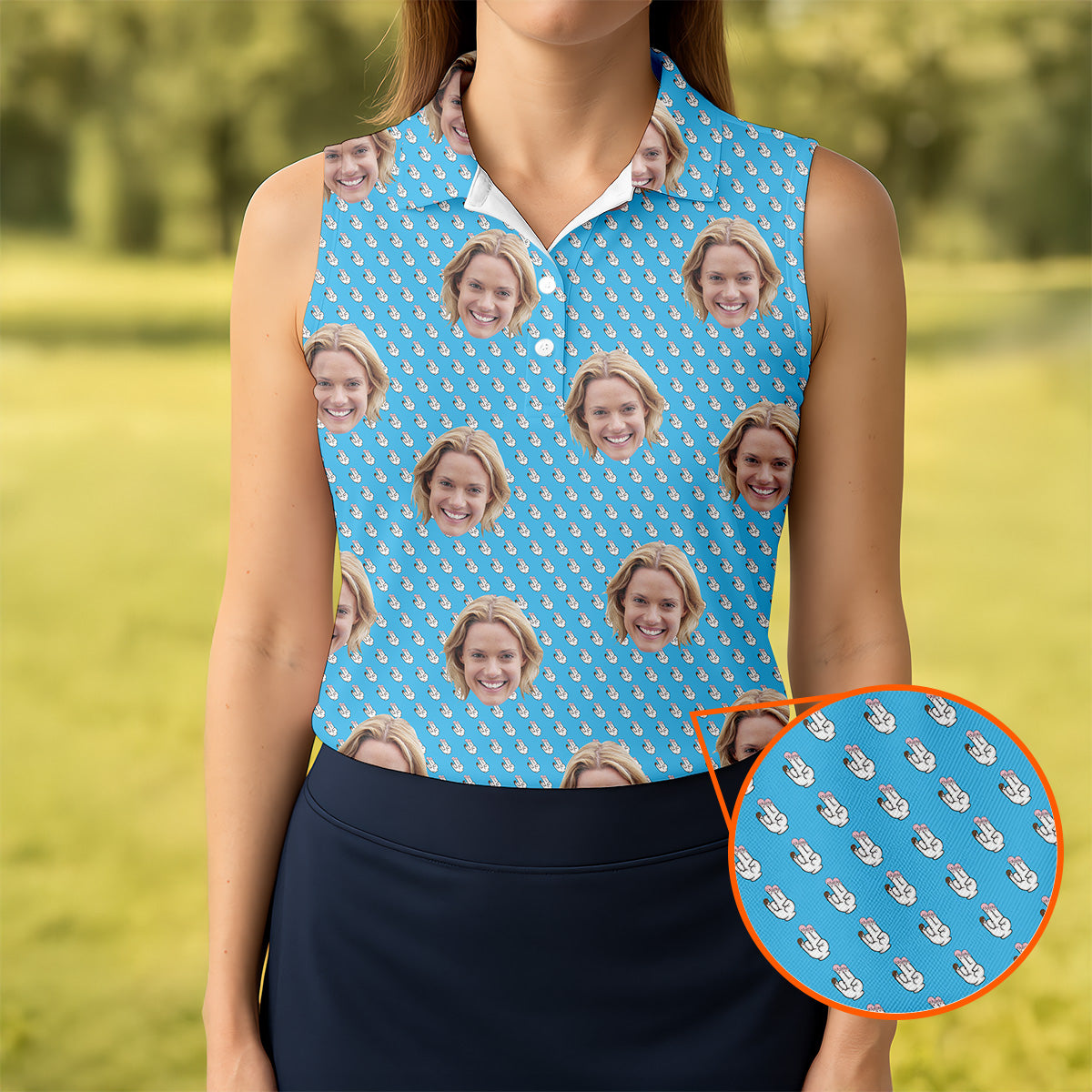 Funny Hands Blue Golf Polo Shirt, Custom Face Golf Shirt, Fun Womens Golf Shirts, Ladies Golf Shirt
