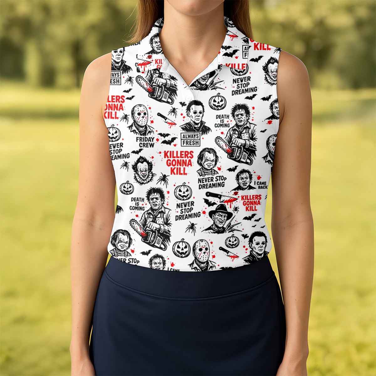 Funny Horror Character Men's Golf Polo Shirt, Horror Movie Shirt, Fun Womens Golf Shirts, Funny Halloween Gift