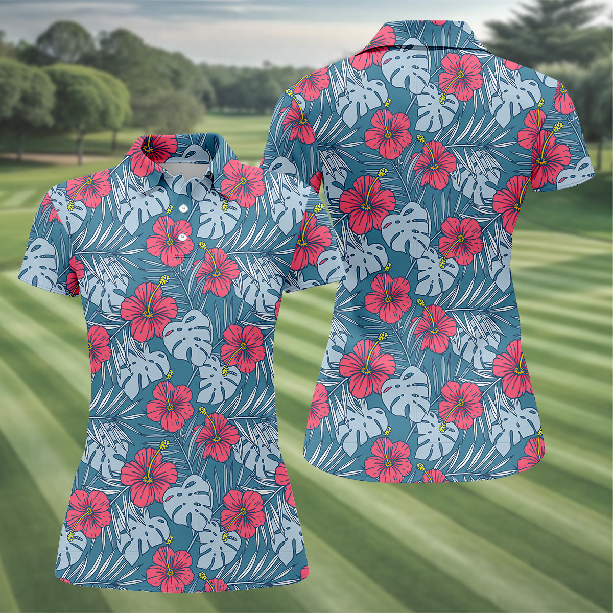 Hibiscus Flower And Leaf Patterned Golf Shirts, Womens Golf Polo Shirts, Tropical Golf Shirts