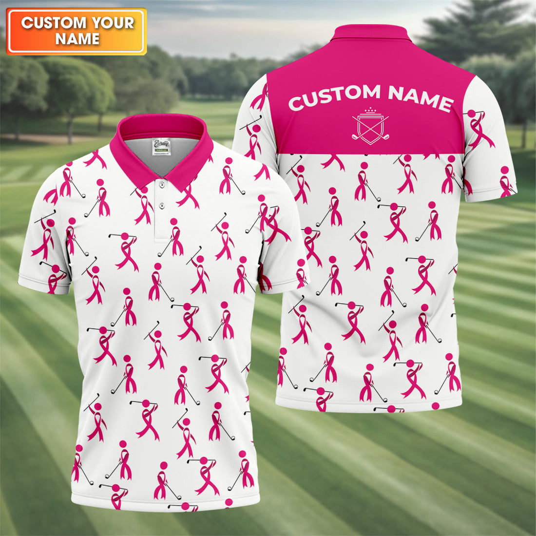 Funny Stick Figure Breast Cancer Golf Shirt, Fun Golf Shirts For Men, Breast Cancer Support Shirt