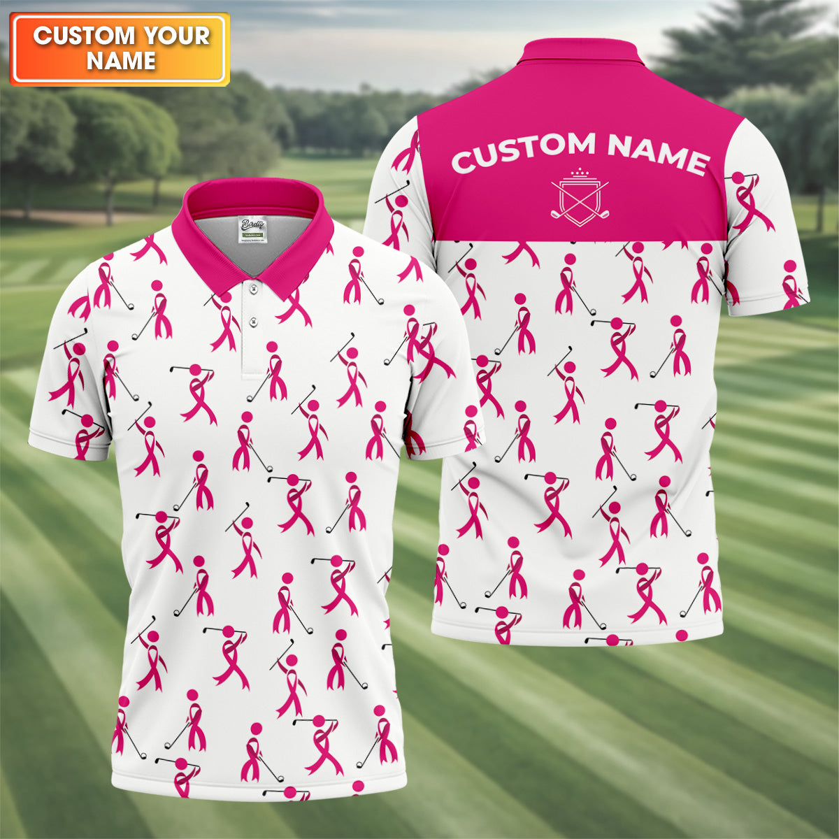 Funny Stick Figure Breast Cancer Golf Shirt, Fun Golf Shirts For Men, Breast Cancer Support Shirt