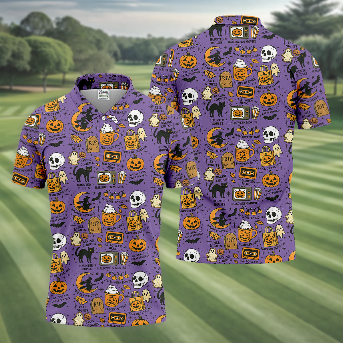 Purple Halloween Skull Golf Shirt, Spooky Cat, Mens Golf Polo Shirts, Halloween Theme Shirts, Golfing Apparel