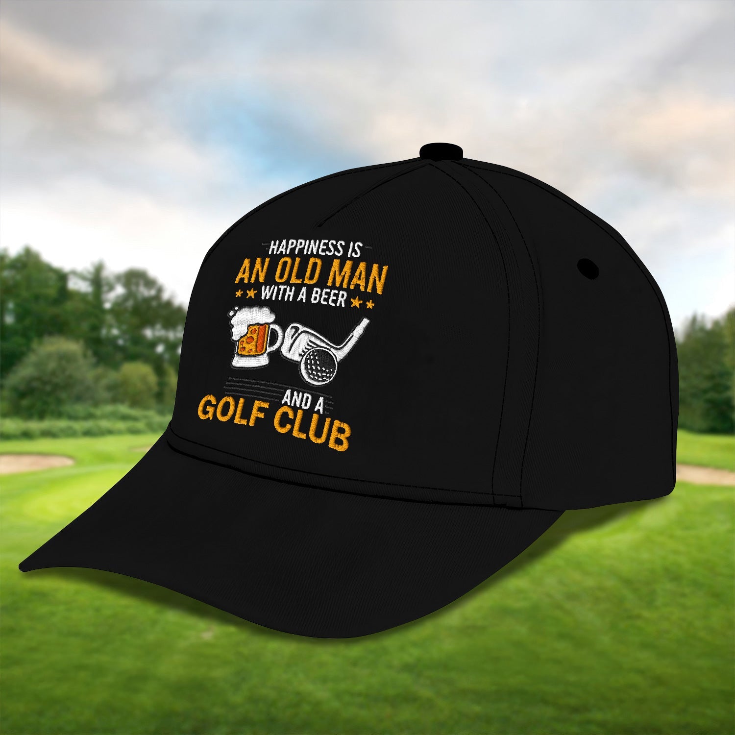 Happiness Is An Old Man With A Beer And A Golf Club Embroidered Baseball Cap, Golf Hat, Dad Golf Gift
