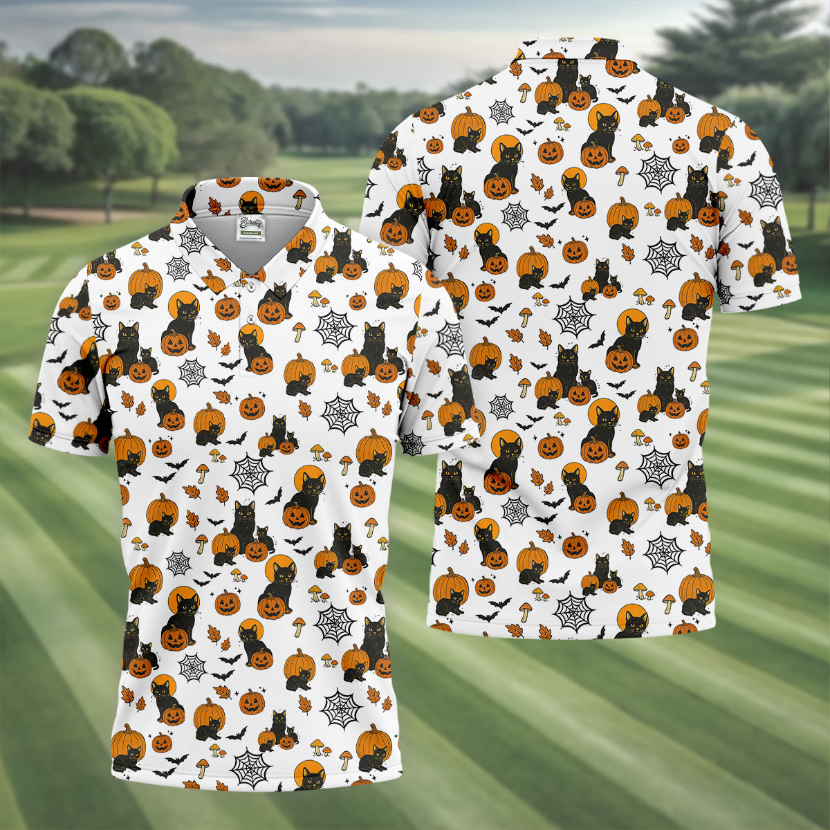 Halloween Cat Pumpkin Men Polo, Fun Golf Shirts For Men, Cool Golf Gifts, Golfing Apparel
