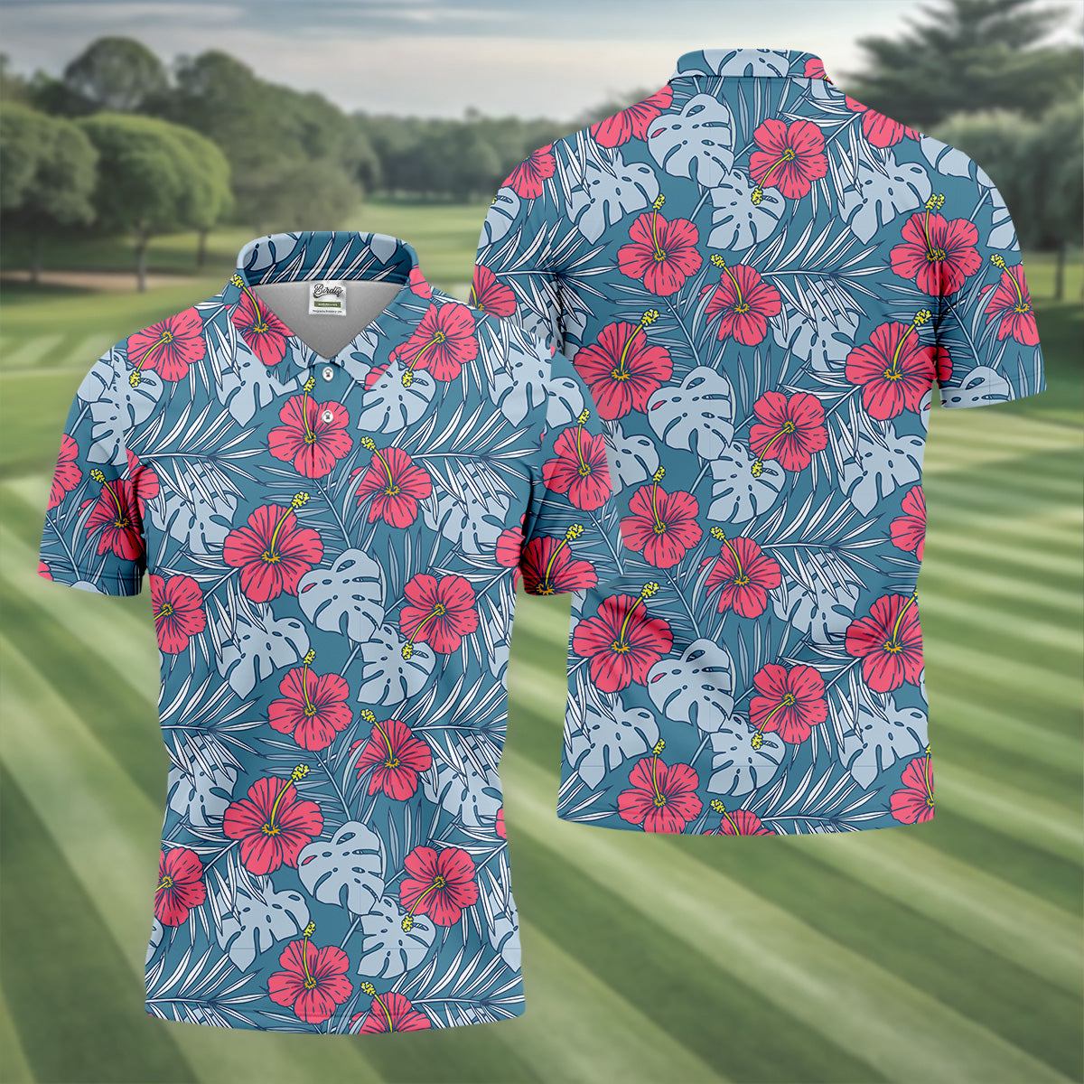 Hibiscus Flower And Leaf Patterned Golf Shirts, Men Golf Polo, Hawaiian Polo Golf Shirts, Matching Golf Shirts