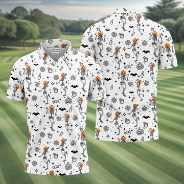 Skeleton Golf Shirt, Halloween Golf Shirt, Fun Golf Polos, Men's Long Seeve Golf Shirts, Golf Gifts For Men