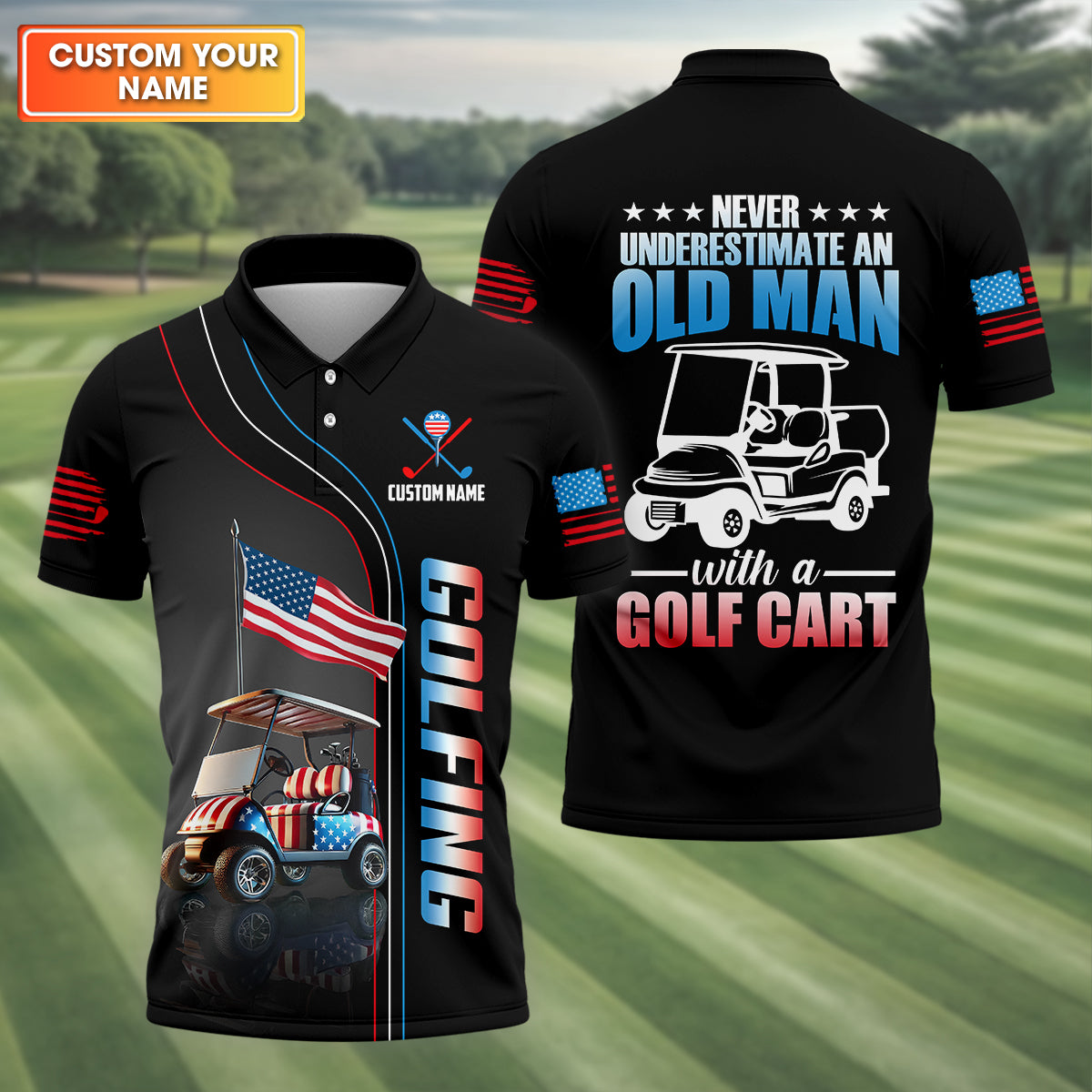 Never Underestimate An Old Man Custom Men's Golf Polo Shirt, Funny Golf Shirt, Dad Golf Gift