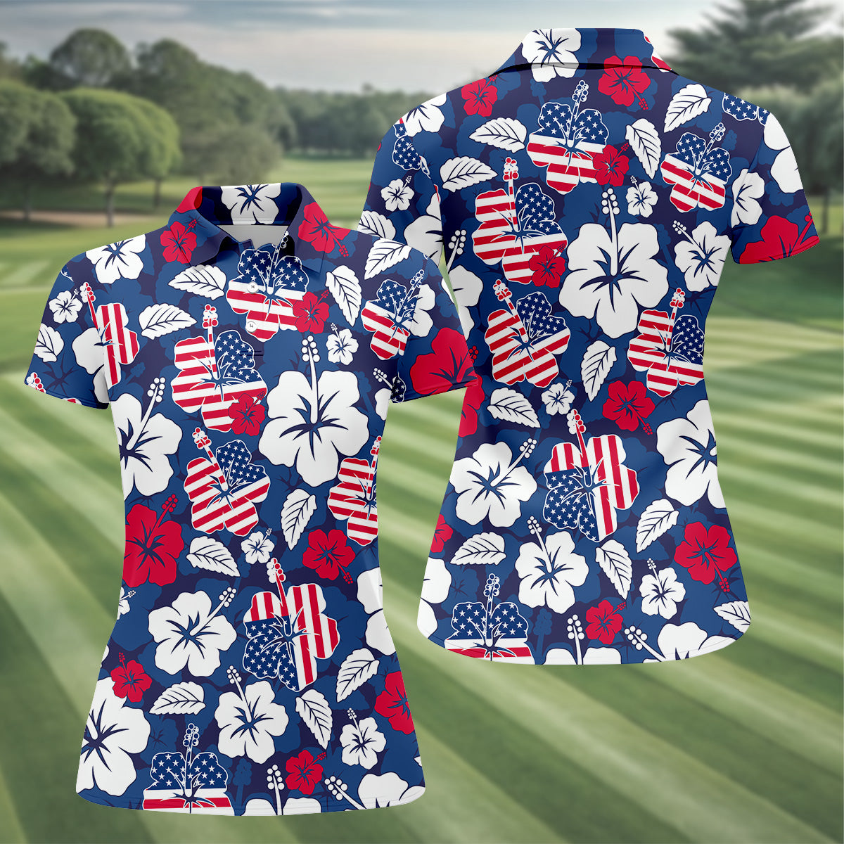 Tropical Hibiscus American Flag Womens Golf Polo Shirt,  Patriotic Golf Shirt, USA Golf Shirt Custom Ladies Golf Shirt