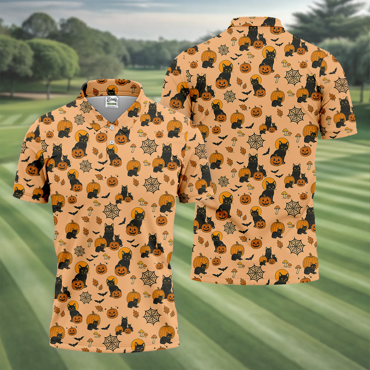 Black Cat Pumpkin Halloween Golf Shirt, Orange Golf Shirt, Mens Golf Polo Shirts, Golfing Apparel