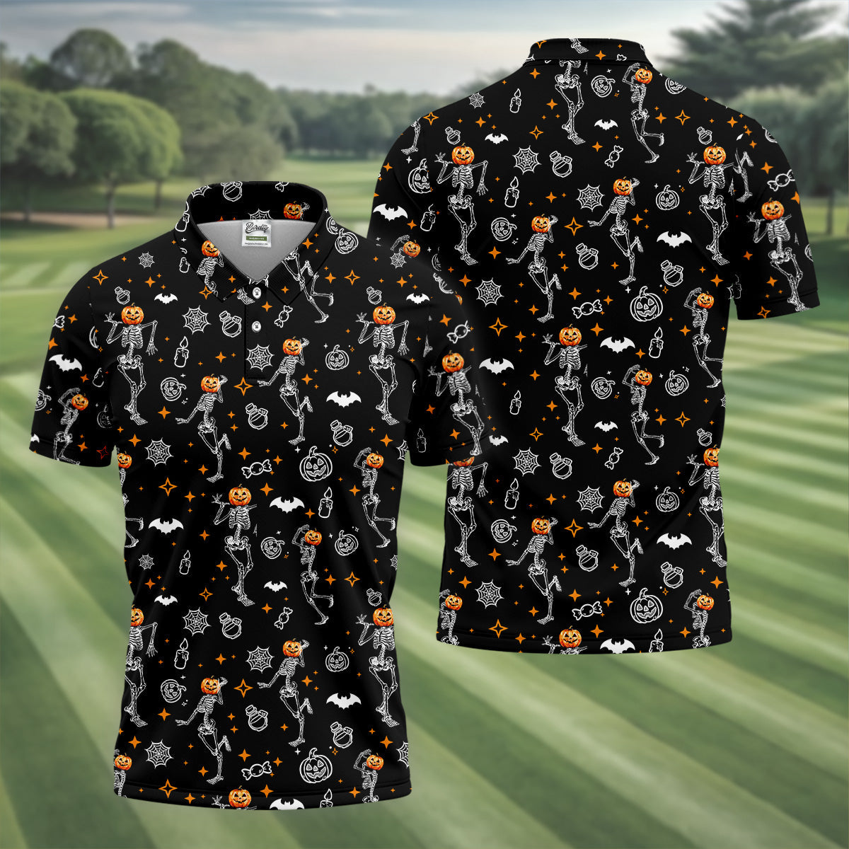 Skeleton Black Golf Shirt, Halloween Golf Shirt, Fun Golf Polos, Men's Long Seeve Golf Shirts, Golf Gifts For Men