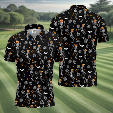 Skeleton Black Golf Shirt, Halloween Golf Shirt, Fun Golf Polos, Men's Long Seeve Golf Shirts, Golf Gifts For Men