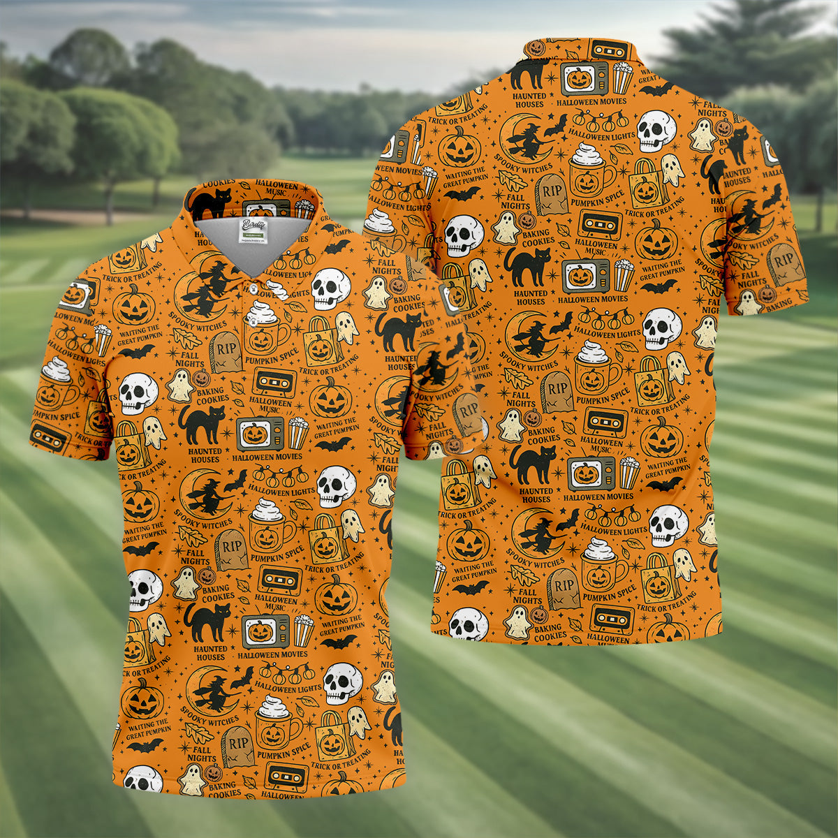 Orange Halloween Cat Golf Polo Shirts, Halloween Theme Shirts, Mens Golf Polo Shirts, Golfing Apparel