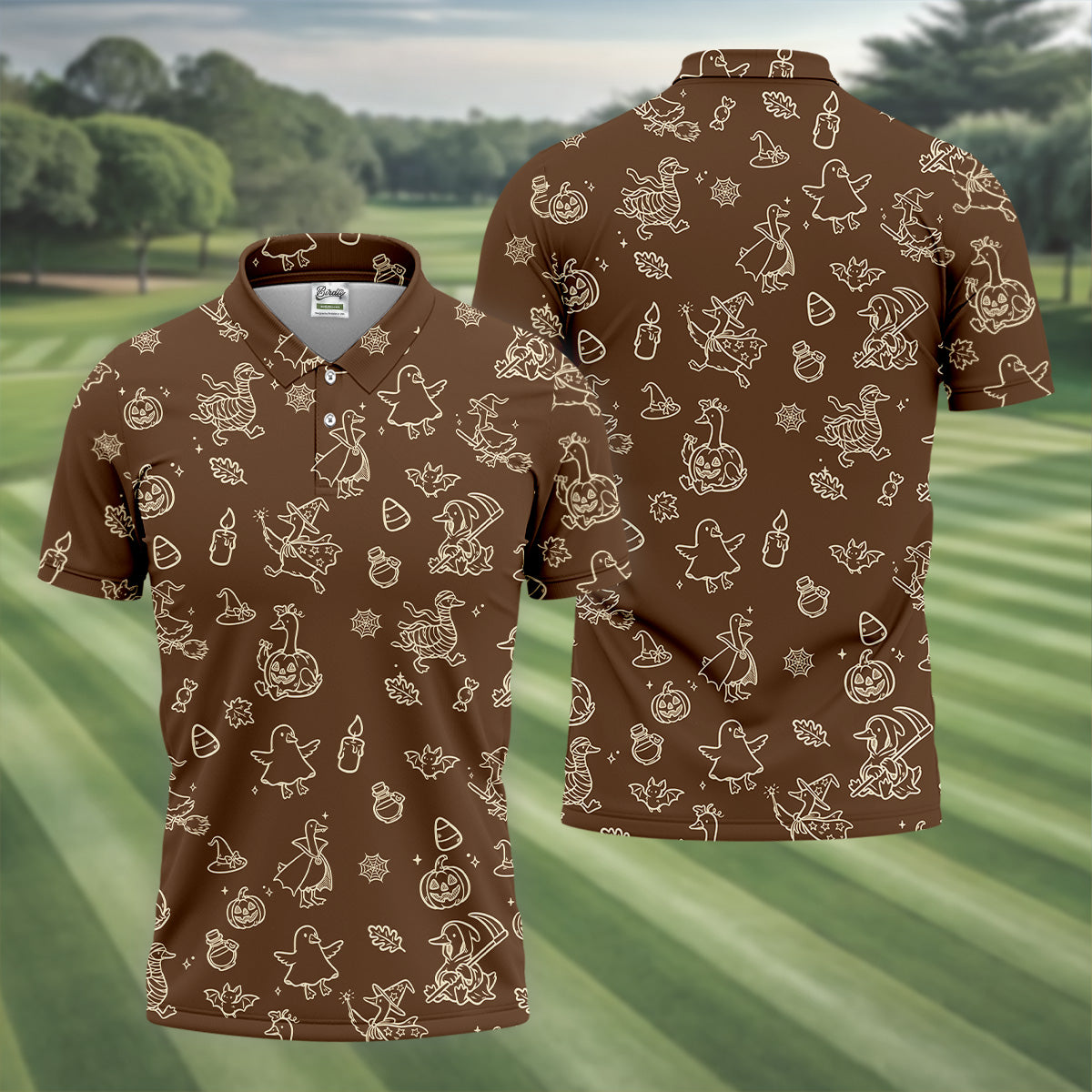 Goose Halloween Golf Shirt, Pumpkin Pattern Golf Shirt, Brown Golf Polo, Long Sleeve Golf Shirts, Men Golf Polo