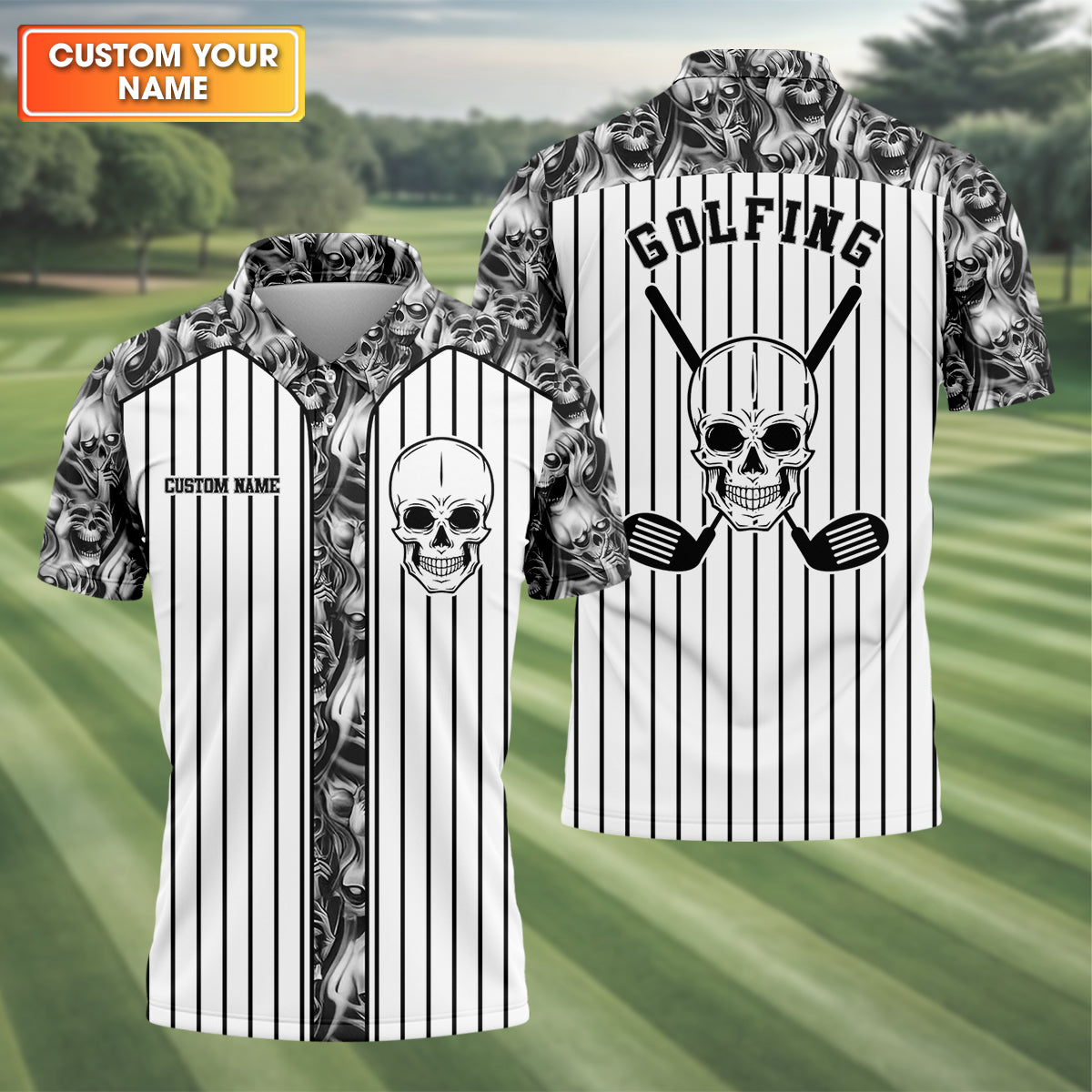 Custom Skull Polo Shirt, Golfing Apparel, Mens Golf Gift, Funny Golf Polos