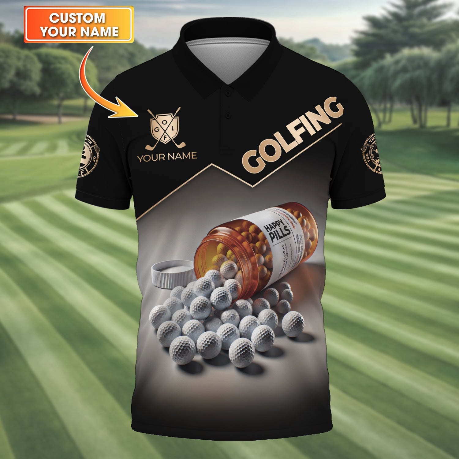 Happy Pills Men's Golf Polo Shirt, Golfing Apparel, Mens Golf Gift, Funny Golf Shirt