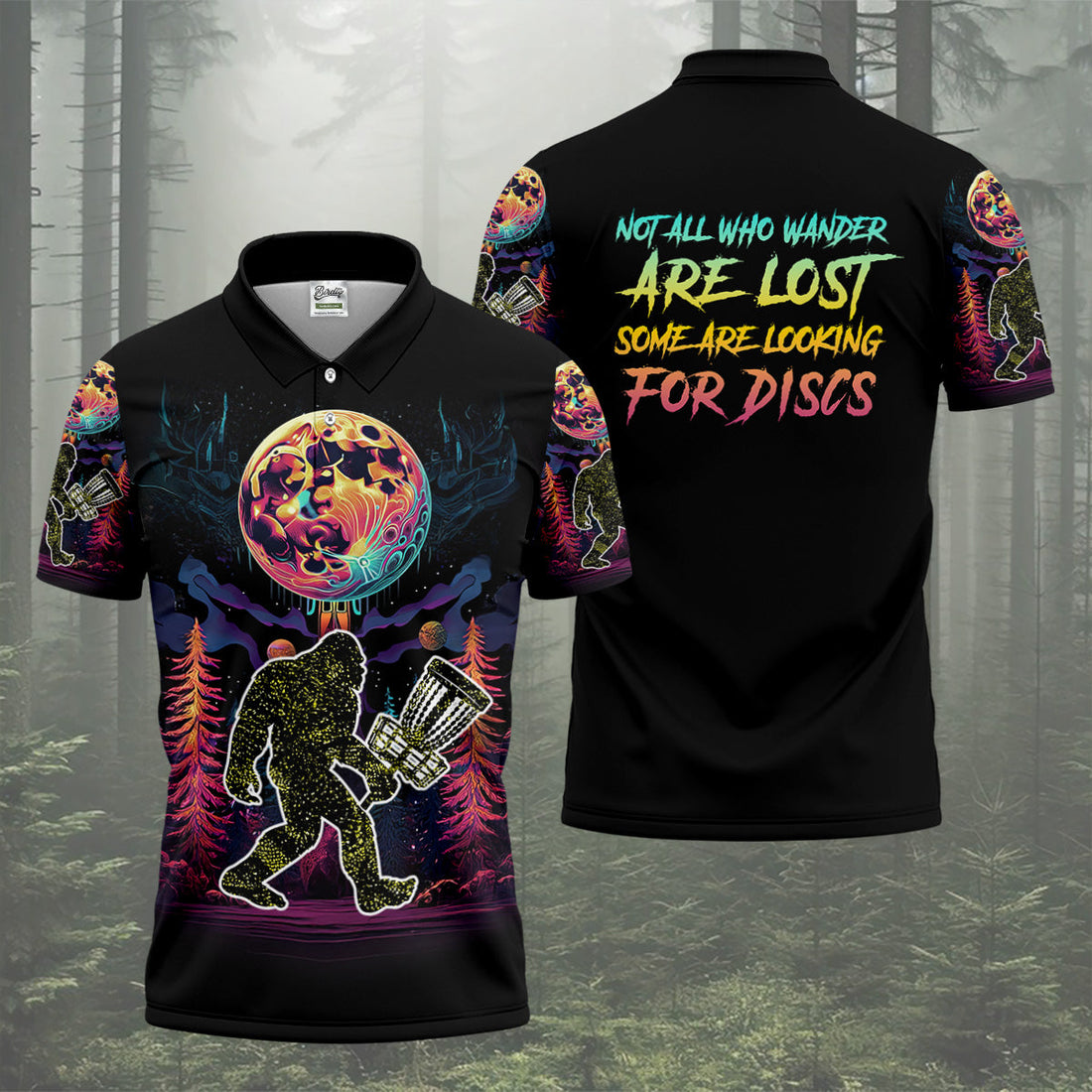 Not All Who Wander Are Lost Bigfoot Discs Golf Men's Golf Polo Shirt, Mens Golf Gift, Funny Golf Shirt