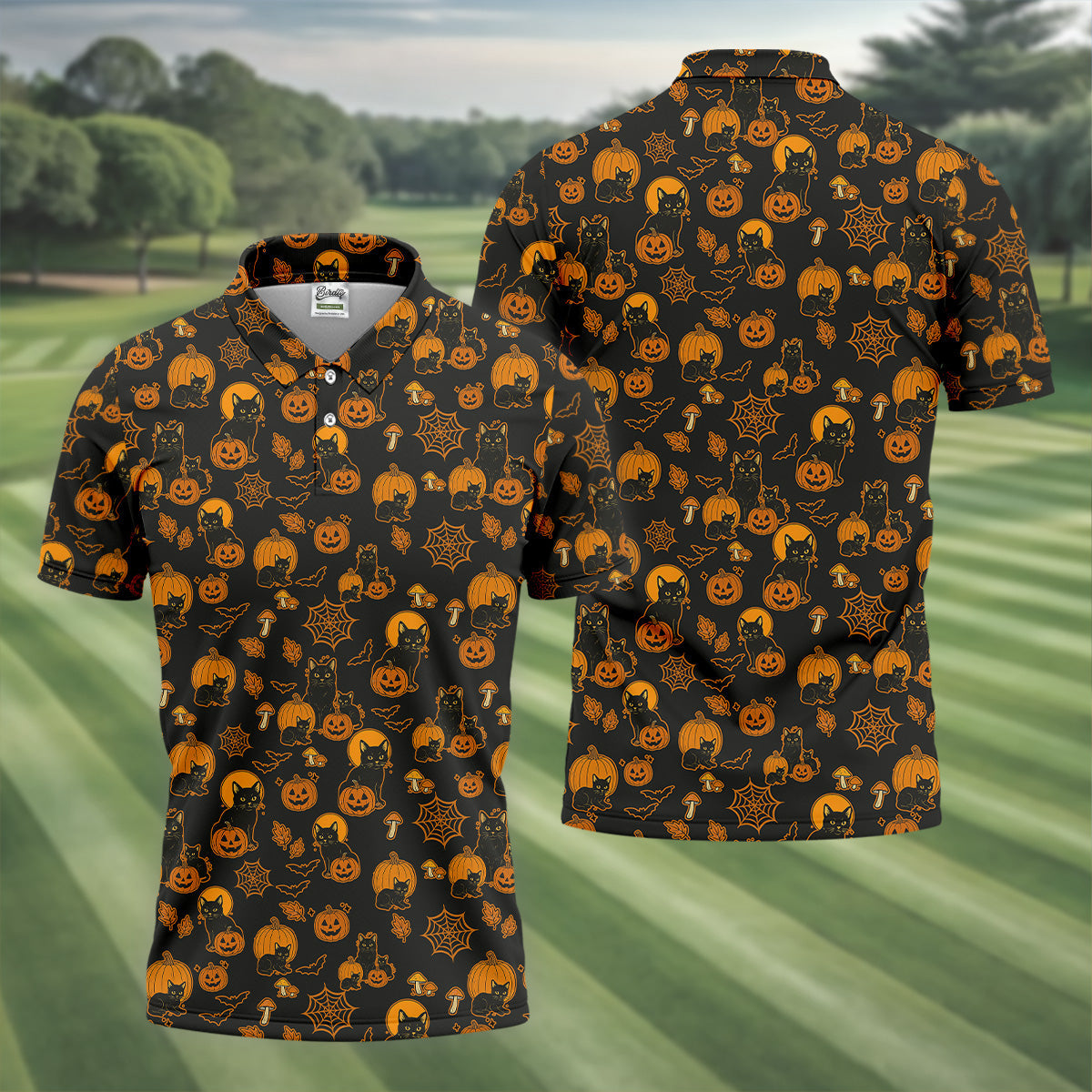 Black Cat Pumpkin Men Polo, Fun Golf Shirts For Men, Halloween Gift, Golfing Apparel