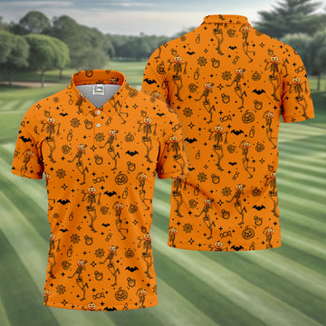 Skeleton Orange Golf Shirt, Halloween Golf Shirt, Fun Golf Polos, Men's Long Seeve Golf Shirts, Golf Gifts For Men