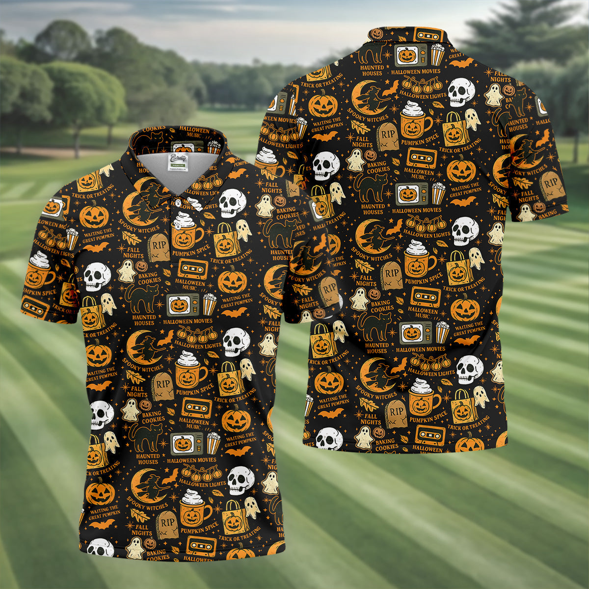 Vintage Halloween Cat Golf Polo Shirts, Halloween Theme Shirts, Ghost Pumpkin Mens Golf Polo Shirts, Golfing Apparel