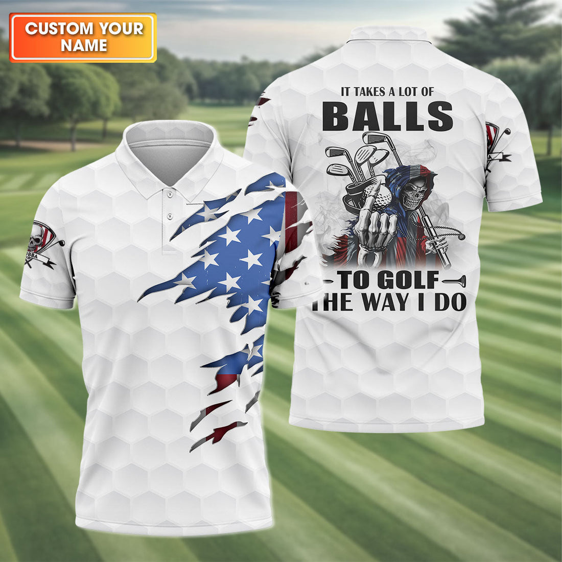 America Skeleton Golf Polo Shirt, Golfing Apparel, Golf Clothing, Mens Golf Gift