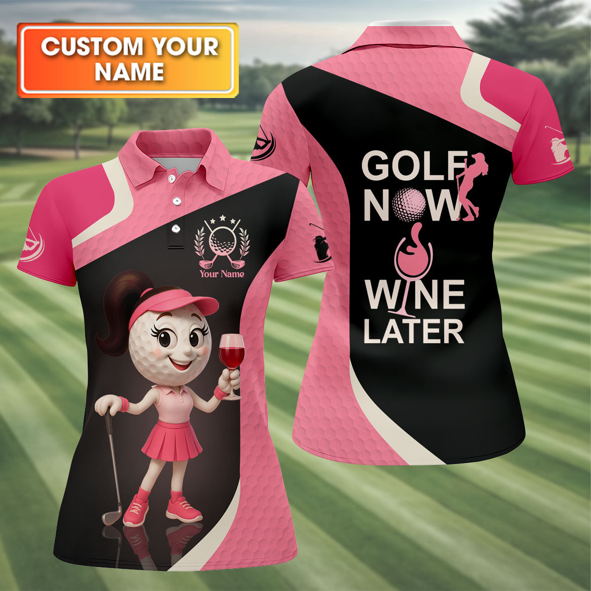 Golf Now Wine Later Funny Womens Golf Polo Shirt, Womens Golf Tops, Custom Ladies Golf Shirt